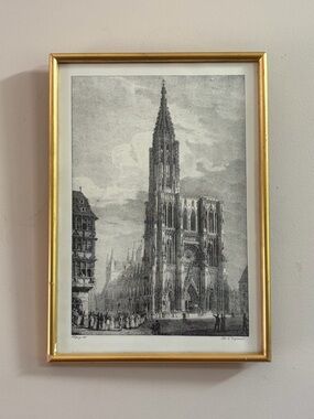 Antique Godefroy Engelmann Strasbourg Cathedral Lithograph Gold Tone Frame Art